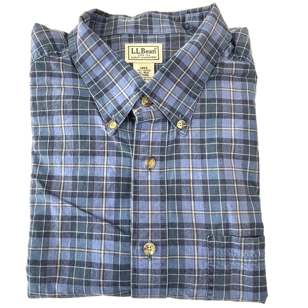 LL Bean Mens Shirt XL REG Blue Plaid Cotton Traditional Fit Button Down L/S
